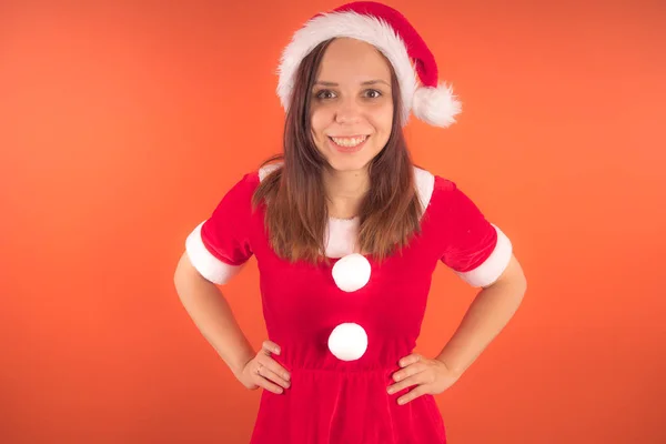 Retrato Uma Jovem Vestida Papai Noel Fundo Laranja Feliz Ano — Fotografia de Stock