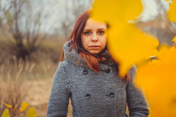 Fille Sur Fond Feuilles Jaunes Arbres Automne Séance Photo Automne — Photo