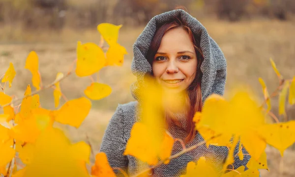 Mädchen Auf Einem Hintergrund Aus Gelben Blättern Von Herbstbäumen Herbst — Stockfoto