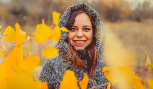 Lány Háttérben Sárga Levelek Őszi Fák Őszi Fotózást Őszi Séta — Stock Fotó