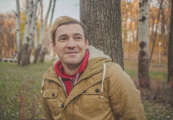 Young White Guy Yellow Trees Background Autumn Season Time Student — Stock Photo, Image