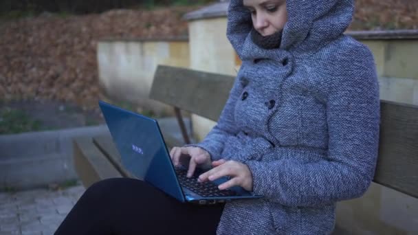 Egy Visel Egy Meleg Kapucnis Gépel Laptop Ősz Egy Padon — Stock videók