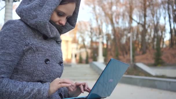 Egy Visel Egy Meleg Kapucnis Gépel Laptop Ősz Egy Padon — Stock videók