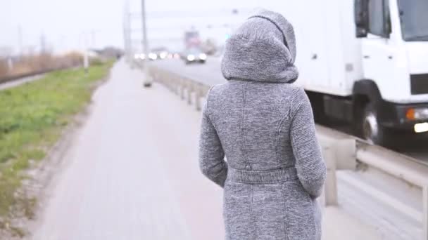 道路フェンスの近く歩く秋の灰色のコートを着た少女 — ストック動画