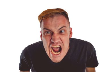 yakın çekim içinde çılgın bir adam duygusal portresi. kavram: sinir krizi, akıl hastalığı, baş ağrısı ve migren. siyah ve beyaz tedavi