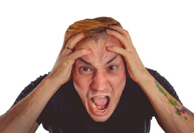 yakın çekim içinde çılgın bir adam duygusal portresi. kavram: sinir krizi, akıl hastalığı, baş ağrısı ve migren. siyah ve beyaz tedavi