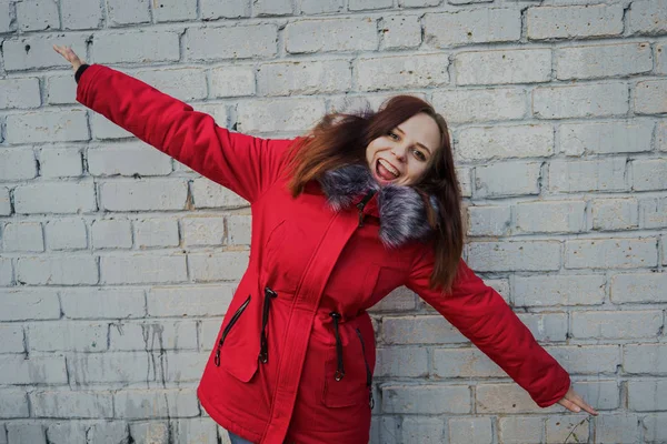 Happy Beautiful Young Girl Red Jacket Posing Cloudy Day Emotional — Stock Photo, Image