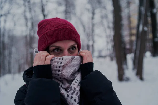 Menina Tem Resto Nos Bosques Inverno Jovem Mulher Caminhando Pela — Fotografia de Stock