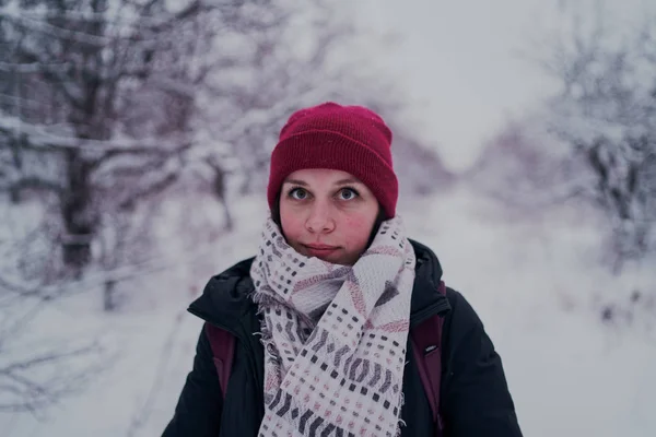 Menina Tem Resto Nos Bosques Inverno Jovem Mulher Caminhando Pela — Fotografia de Stock