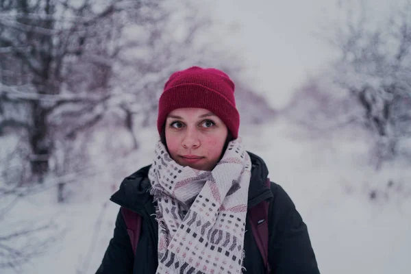 Дівчина Відпочиває Зимових Лісах Молода Жінка Проходить Через Сніг Зимовому — стокове фото