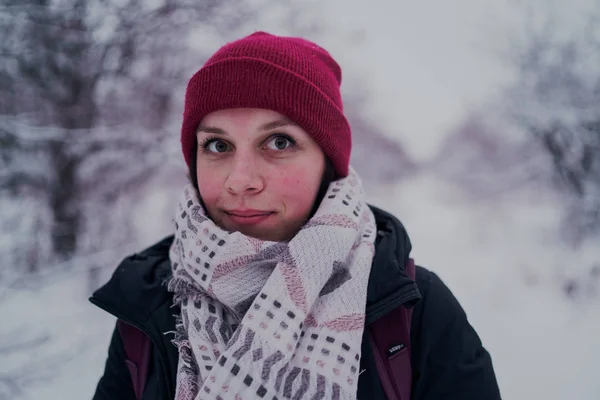 女の子は 冬の森の残りを持っています 冬の公園で雪の中を歩く若い女性 — ストック写真