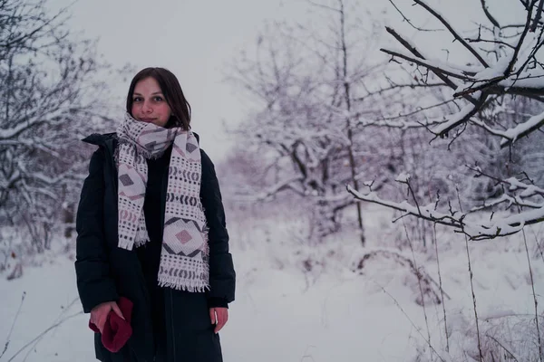 Menina Tem Resto Nos Bosques Inverno Jovem Mulher Caminhando Pela — Fotografia de Stock