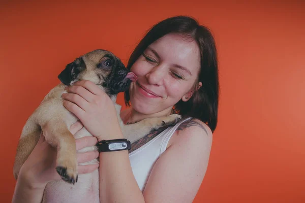 Beautiful girl with tattoo holding cute pug puppy on her hands, on orange background. The concept of friendship between man and dog.