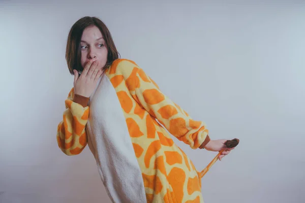 Pajamas Form Giraffe Emotional Portrait Girls Orange Background Crazy Funny — Stock Photo, Image