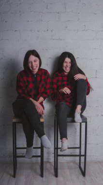 Kırmızı ve siyah ekose gömlekler tuğla duvar arka plan, arkadaşlık kavramı üzerinde sandalyelere oturan iki genç kız