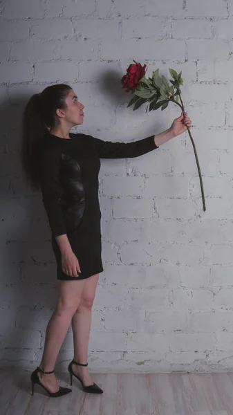 Стройная Девушка Стоит Черном Платье Держа Большой Искусственный Цветок Позируя — стоковое фото