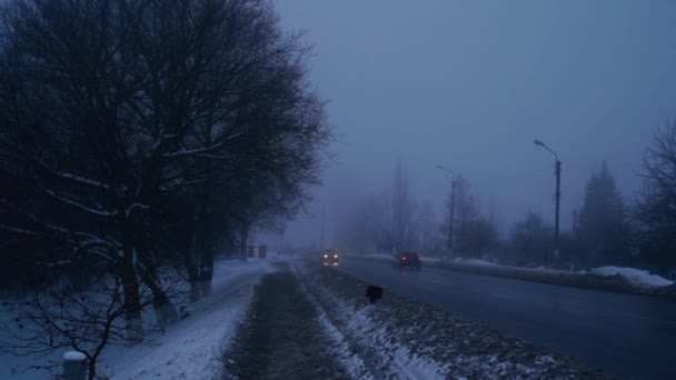 Πυκνή Ομίχλη Και Κακή Ορατότητα Στο Δρόμο Επικίνδυνες Συνθήκες Οδήγησης — Αρχείο Βίντεο