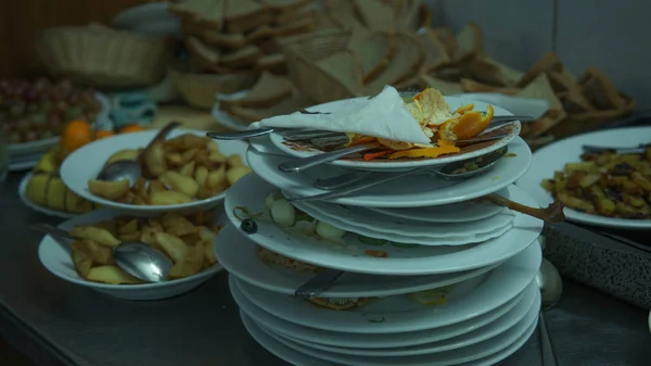 Sacco Piatti Sporchi Dopo Banchetti Concetto Cucina Sporca Nel Ristorante — Foto Stock