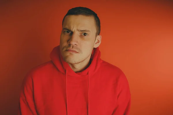 Crazy Charismatic Guy Posing Orange Background Man Red Tracksuit — Stock Photo, Image