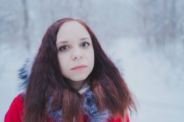 Kız ormanda yürüyüş bir kırmızı ceketli. Konsept: taze kış hava yürüyüş