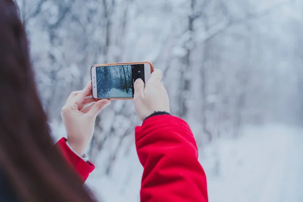 冬の森の中にスマート フォンで写真を撮る女の子 森を歩く婦人 — ストック写真