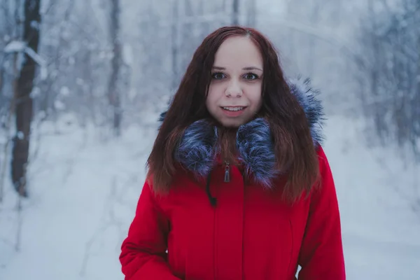Lány Egy Piros Kabát Séta Erdőben Koncepció Egy Sétával Friss — Stock Fotó