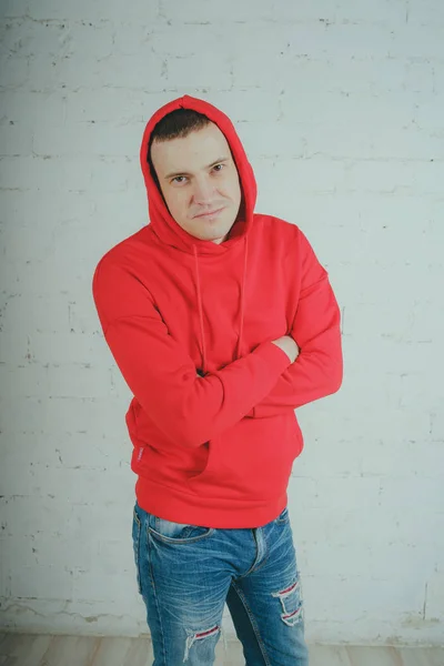 Handsome Guy Posing Brick Wall Crazy Man Red Hoodie — Stock Photo, Image