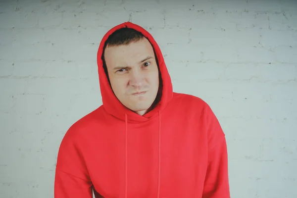 Handsome Guy Posing Brick Wall Crazy Man Red Hoodie — Stock Photo, Image