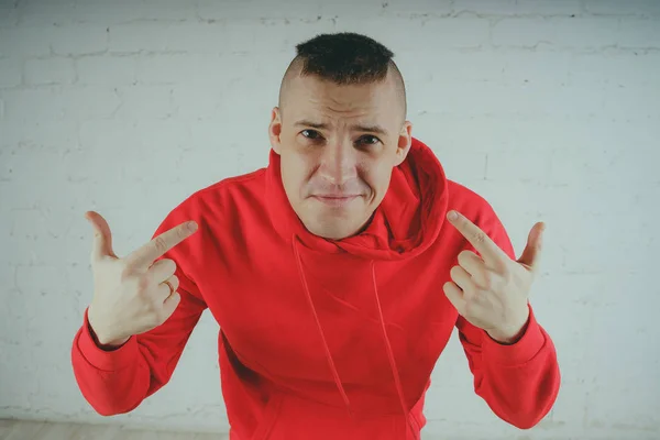 Handsome Guy Posing Brick Wall Crazy Man Red Hoodie — Stock Photo, Image