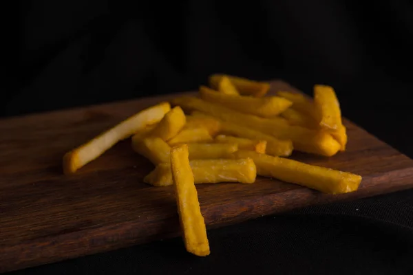 French Fries Wooden Board Black Background — Stock Photo, Image