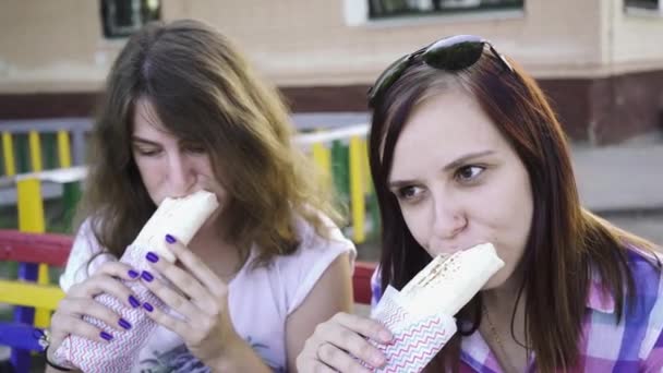 二人の女性が夏にサンドイッチを食べている — ストック動画