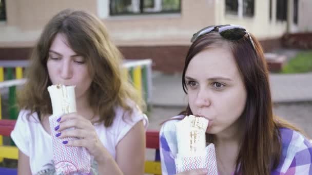 Duas Mulheres Estão Comendo Sanduíches Verão — Vídeo de Stock