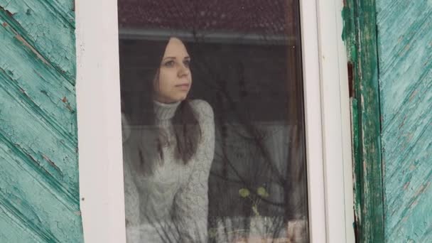 窓の外を見ている若い女の子 — ストック動画