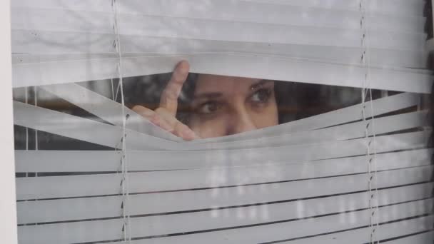 Young Girl Looking Out Blinds – Stock-video