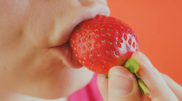 Mulher comendo morangos frescos, close-up. Morangos vermelhos na mão de uma mulher. Conceito: Fruta a chave para uma dieta saudável e figura fina . — Fotografia de Stock