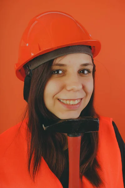 Girl Builder Hammer Hand Concept Girl Doing Repairs Woman Helmet — Stock Photo, Image