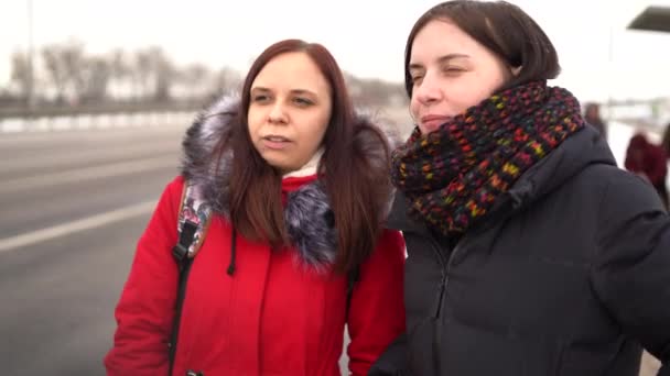 Kışın sokakta yürüyen iki güzel kadın ve tatlı bir sohbet. Sıcak elbiseli kadınlar soğuk havada yürüyorlar.. — Stok video