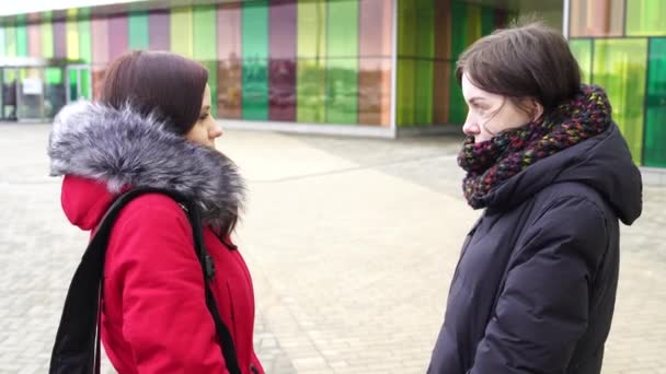 Duas mulheres bonitas andando pela rua no inverno e bate-papo bonito. Mulheres em roupas quentes andando no tempo frio. — Vídeo de Stock