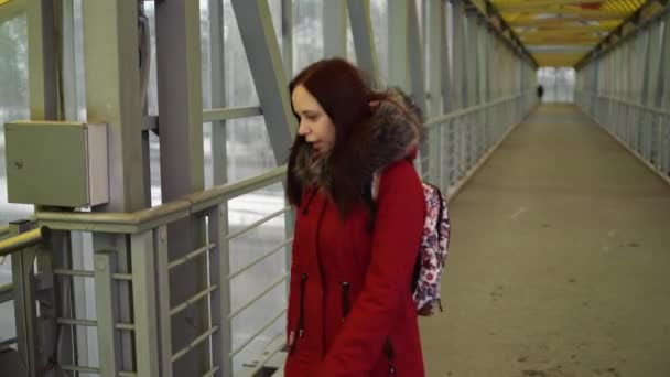 Frau Überquert Wintertag Straße Der Stadt — Stockvideo