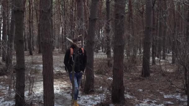 一个背着背包在树林里的旅行者一个带着背包的英俊男人的肖像 — 图库视频影像