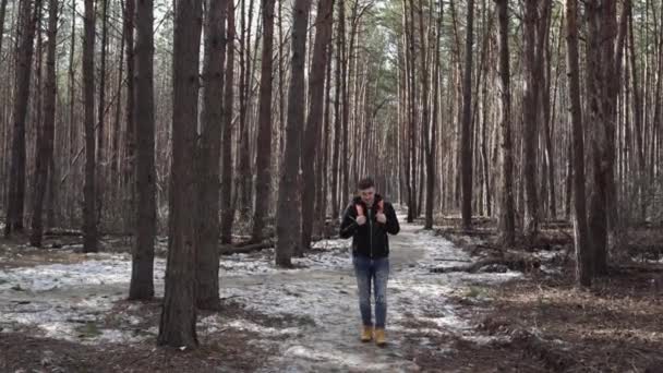 Resande Man Med Ryggsäck Skogen Ett Porträtt Den Stilige Mannen — Stockvideo