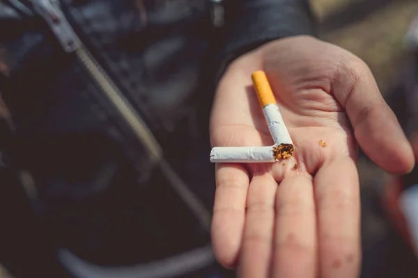 Crop Woman Holding Split Cigaretteprimer Plano Mujer Cosecha Que Sostiene — Foto de Stock