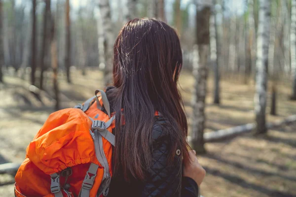 Traveling woman with backpack in woodsSide view of brunette standing with bright orange backpack in tranquil sunny forest looking away