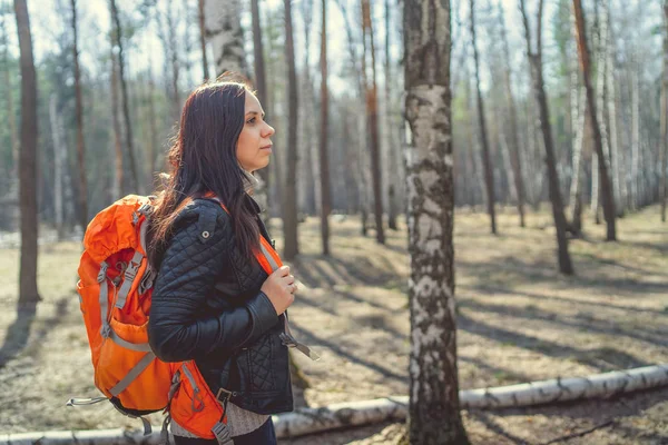 Traveling woman with backpack in woodsSide view of brunette standing with bright orange backpack in tranquil sunny forest looking away