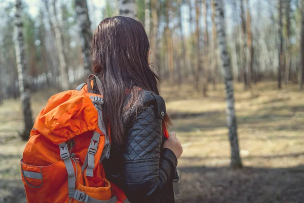 Traveling woman with backpack in woodsSide view of brunette standing with bright orange backpack in tranquil sunny forest looking away