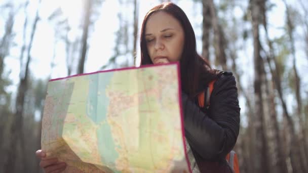 Resa Kvinna Med Karta Skogen Underifrån Kvinna Med Ryggsäck Sitter — Stockvideo