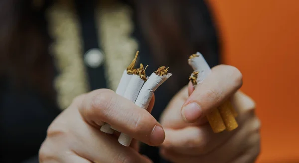 Женщина Которая Разбивает Сигарету Бросает Курить Крупный План Кукурузницы Делящей — стоковое фото