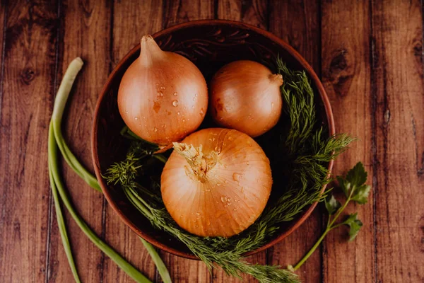 Bulbs of onion and dill in bowl. Big whole bulbs of raw onion and fresh green dill placed in ceramic bowl on table