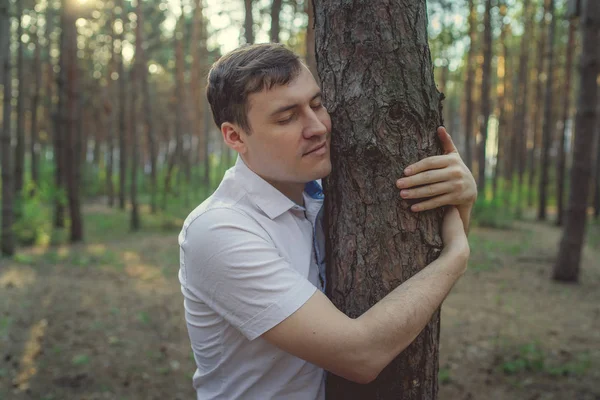 Handsome Man Hugging Tree Woods Sunrise — Stock Photo, Image