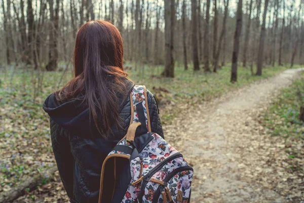 Anonymous Woman Walking Parkback View Young Female Ornamental Backpack Walking — Stock Photo, Image